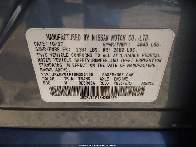 Aukcja sprzedaży 2008 Infiniti G35x, vin: JNKBV61F18M255159, numer aukcji: 44789506