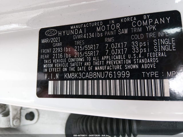 44789511 :رقم المزاد ، KM8K3CAB8NU761999 vin ، 2022 Hyundai Kona Sel مزاد بيع