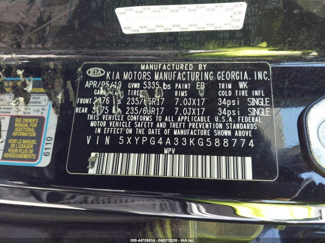 2019 KIA SORENTO 5XYPG4A33KG588774 Photo 8