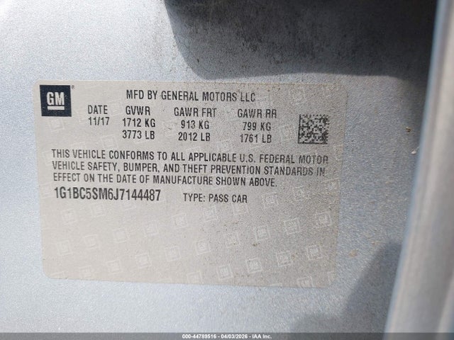 Продаж на аукціоні авто 2018 Chevrolet Cruze Ls Auto, vin: 1G1BC5SM6J7144487, номер лоту: 44789516