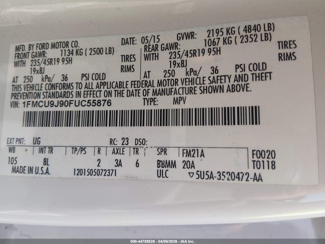 44789526 :رقم المزاد ، 1FMCU9J90FUC55876 vin ، 2015 Ford Escape Titanium مزاد بيع
