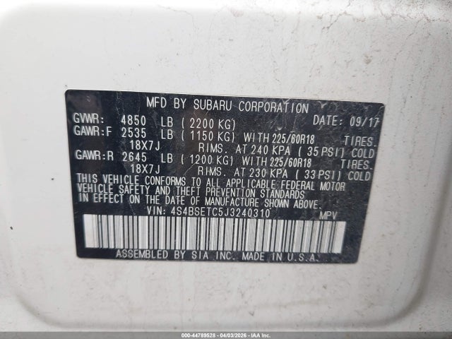 2018 Subaru Outback 3.6r Touring მანქანა იყიდება აუქციონზე, vin: 4S4BSETC5J3240310, აუქციონის ნომერი: 44789528