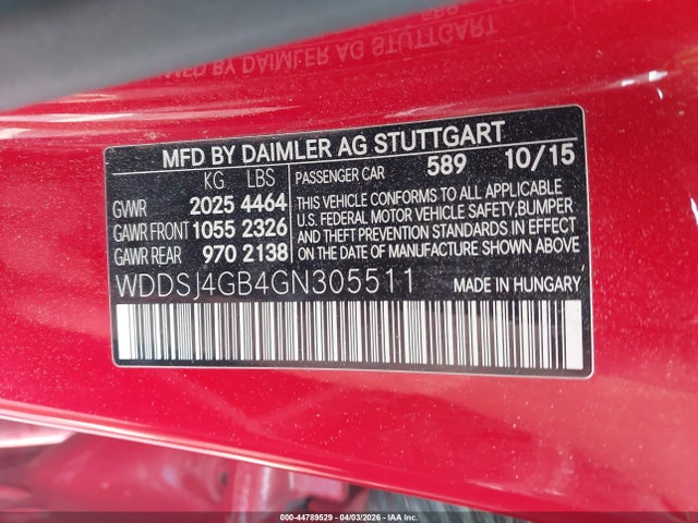 44789529 :رقم المزاد ، WDDSJ4GB4GN305511 vin ، 2016 Mercedes-benz Cla 250 4matic مزاد بيع