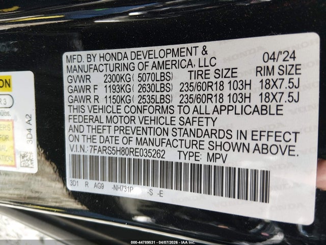 44789531 :رقم المزاد ، 7FARS5H80RE035262 vin ، 2024 Honda Cr-v Hybrid Sport-l مزاد بيع
