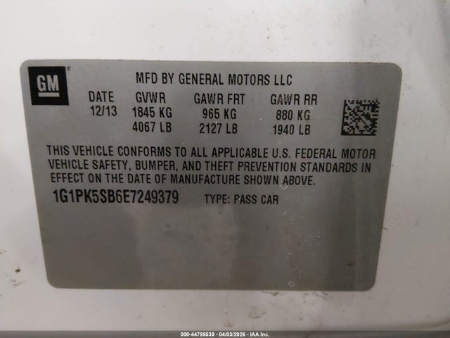 44789539 :رقم المزاد ، 1G1PK5SB6E7249379 vin ، 2014 Chevrolet Cruze Lt مزاد بيع