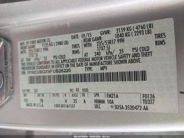 44789548 :رقم المزاد ، 1FMCU9GX9FUB26220 vin ، 2015 Ford Escape Se مزاد بيع