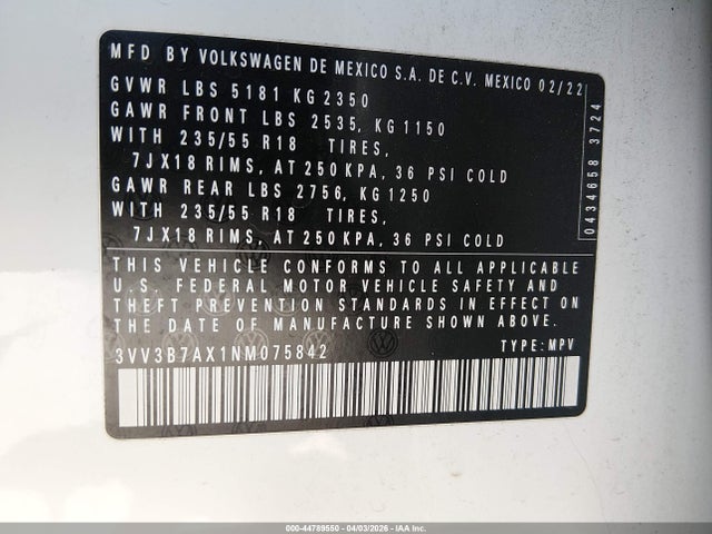 3VV3B7AX1NM075842 Volkswagen Tiguan 2.0t Se
