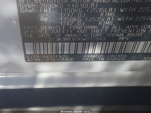Продаж на аукціоні авто 2019 Toyota Rav4 Le, vin: 2T3K1RFV2KW015949, номер лоту: 44789575