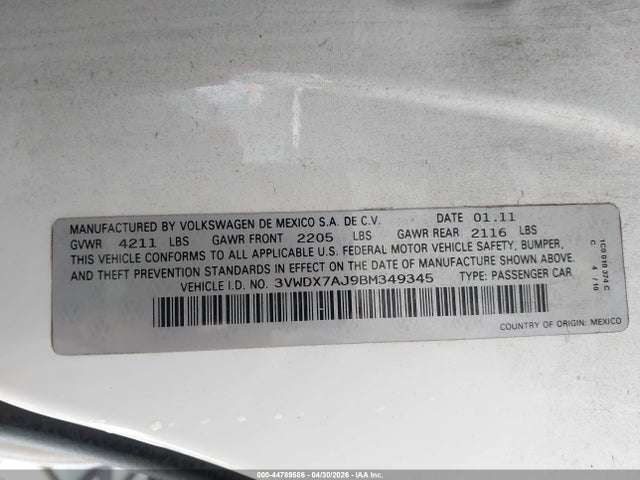 Aukcja sprzedaży 2011 Volkswagen Jetta 2.5l Se, vin: 3VWDX7AJ9BM349345, numer aukcji: 44789586