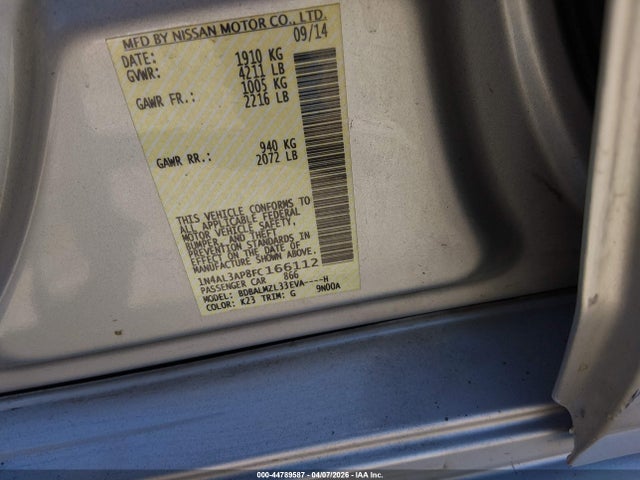 2015 Nissan Altima 2.5 Sv მანქანა იყიდება აუქციონზე, vin: 1N4AL3AP8FC166112, აუქციონის ნომერი: 44789587