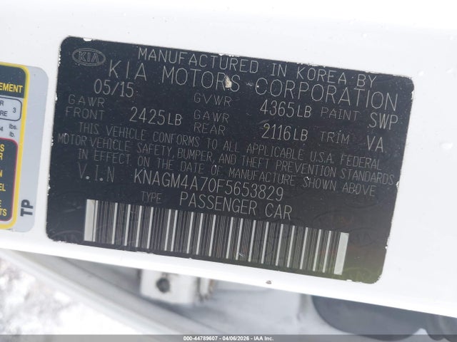 2015 Kia Optima Lx მანქანა იყიდება აუქციონზე, vin: KNAGM4A70F5653829, აუქციონის ნომერი: 44789607