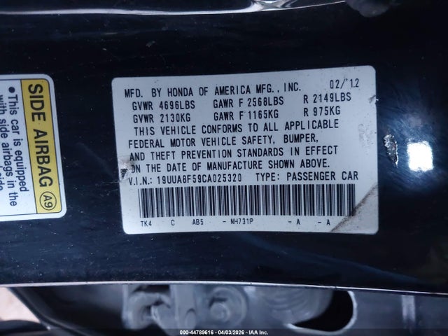 Aukcja sprzedaży 2012 Acura Tl 3.5, vin: 19UUA8F59CA025320, numer aukcji: 44789616