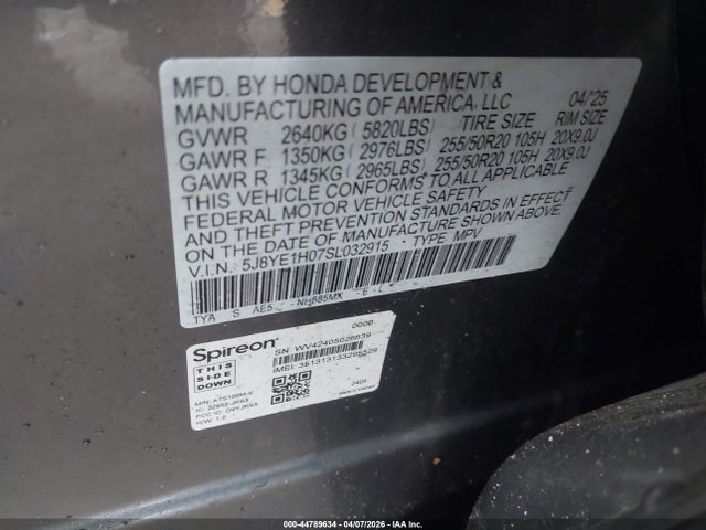 44789634 :رقم المزاد ، 5J8YE1H07SL032915 vin ، 2025 Acura Mdx A-spec مزاد بيع