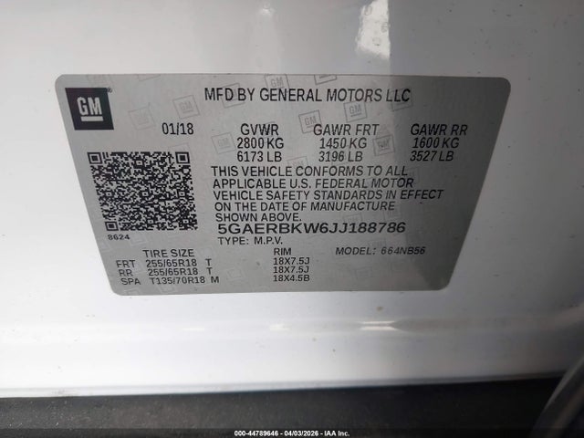 2018 Buick Enclave Essence მანქანა იყიდება აუქციონზე, vin: 5GAERBKW6JJ188786, აუქციონის ნომერი: 44789646