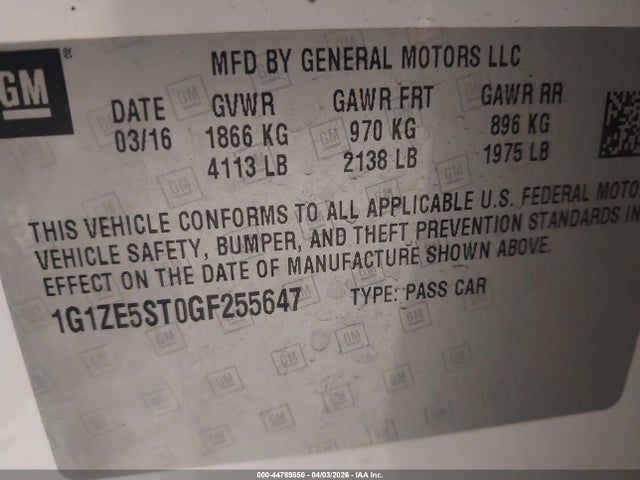 44789650 :رقم المزاد ، 1G1ZE5ST0GF255647 vin ، 2016 Chevrolet Malibu 1lt مزاد بيع