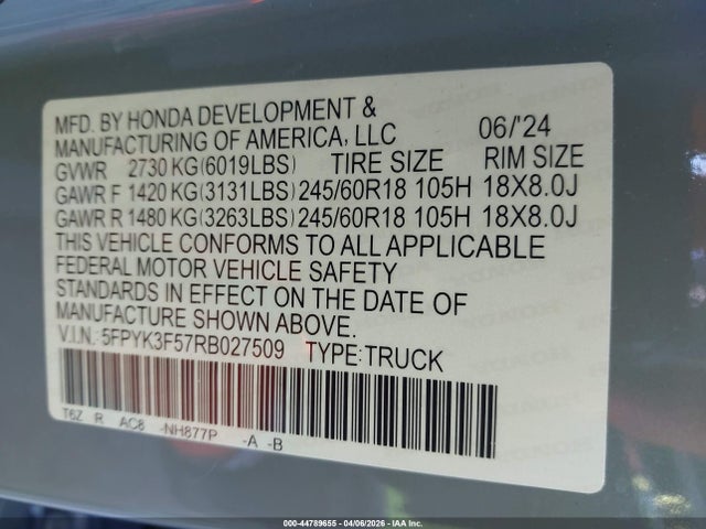 Aukcja sprzedaży 2024 Honda Ridgeline Rtl, vin: 5FPYK3F57RB027509, numer aukcji: 44789655