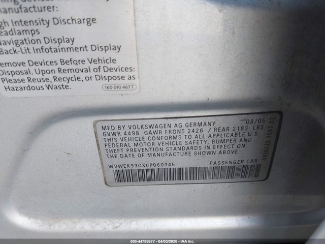 Продажа на аукционе авто 2006 Volkswagen Passat 2.0t, vin: WVWEK93CX6P060345, номер лота: 44789677