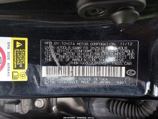 44789697 :رقم المزاد ، JTHBK1GG8D2031095 vin ، 2013 Lexus Es 350 مزاد بيع