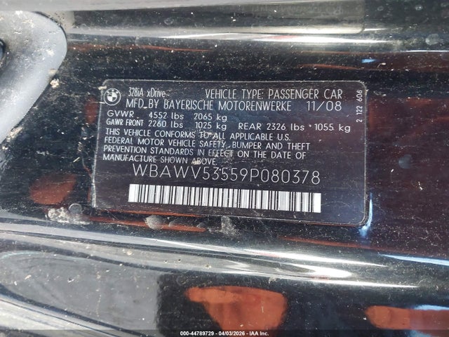 2009 Bmw 328i Xdrive მანქანა იყიდება აუქციონზე, vin: WBAWV53559P080378, აუქციონის ნომერი: 44789729