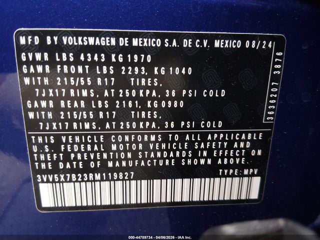2024 Volkswagen Taos 1.5t S მანქანა იყიდება აუქციონზე, vin: 3VV5X7B23RM119827, აუქციონის ნომერი: 44789734