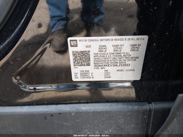 2022 Chevrolet Equinox Fwd Lt მანქანა იყიდება აუქციონზე, vin: 3GNAXKEV1NL210513, აუქციონის ნომერი: 44789737