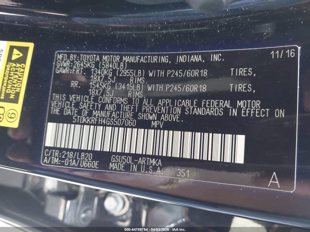 5TDKKRFH4GS507060 Toyota Highlander Xle V6