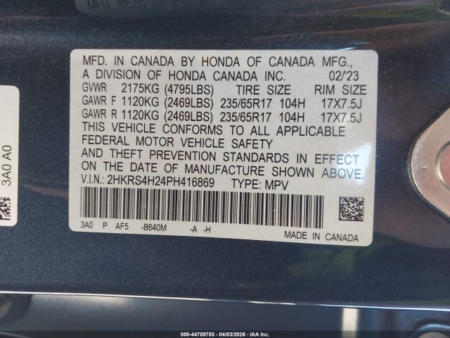 2HKRS4H24PH416869 Honda Cr-v Lx Awd