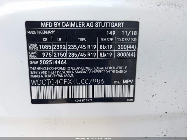 Продажа на аукционе авто 2019 Mercedes-benz Gla 250 4matic, vin: WDCTG4GBXKU007986, номер лота: 44789756