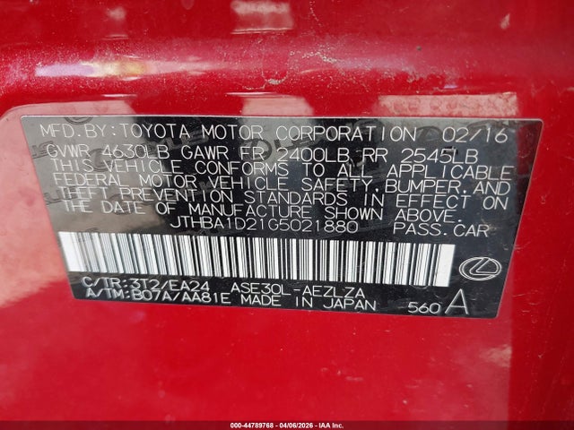 44789768 :رقم المزاد ، JTHBA1D21G5021880 vin ، 2016 Lexus Is 200t مزاد بيع