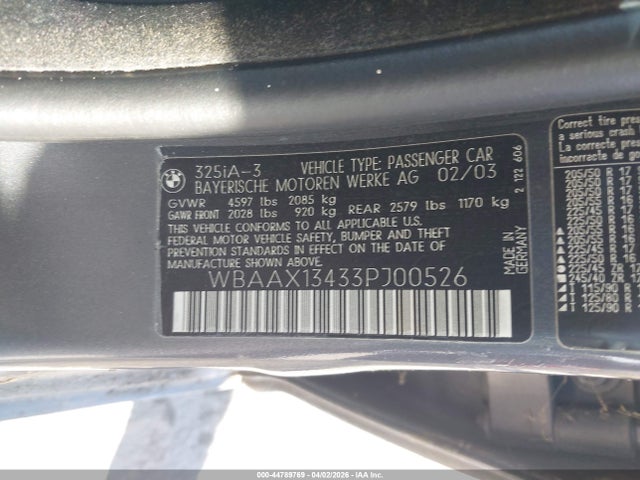 44789769 :رقم المزاد ، WBAAX13433PJ00526 vin ، 2003 Bmw 325it مزاد بيع