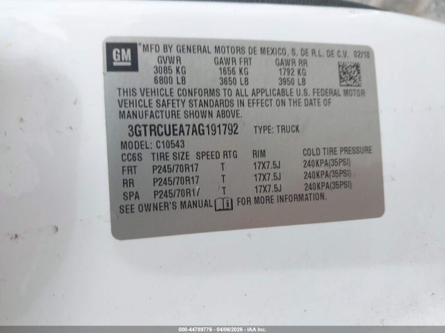 44789776 :رقم المزاد ، 3GTRCUEA7AG191792 vin ، 2010 Gmc Sierra 1500 Sl مزاد بيع