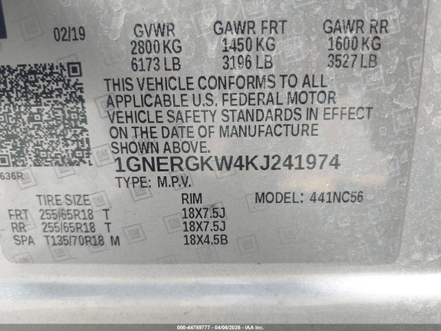 1GNERGKW4KJ241974 Chevrolet Traverse 1lt