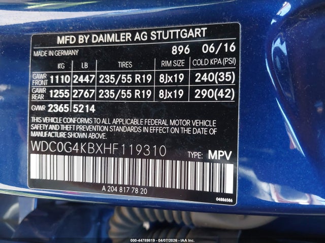 2017 Mercedes-benz Glc 300 4matic მანქანა იყიდება აუქციონზე, vin: WDC0G4KBXHF119310, აუქციონის ნომერი: 44789819