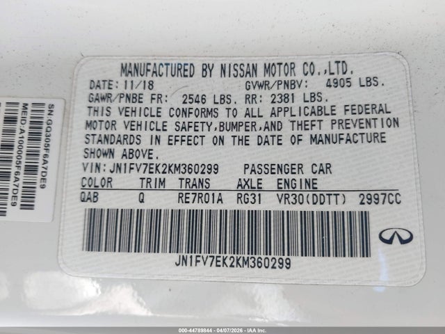 44789844 :رقم المزاد ، JN1FV7EK2KM360299 vin ، 2019 Infiniti Q60 3.0t Red Sport 400 مزاد بيع