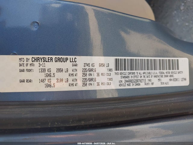 Продажа на аукционе авто 2011 Chrysler Town & Country Touring-l, vin: 2A4RR8DG2BR702715, номер лота: 44789856
