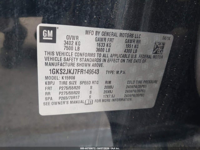 Aukcja sprzedaży 2015 Gmc Yukon Xl 1500 Denali, vin: 1GKS2JKJ7FR149643, numer aukcji: 44789872