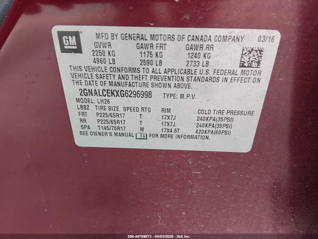 2GNALCEKXG6296998 Chevrolet EQUINOX LT