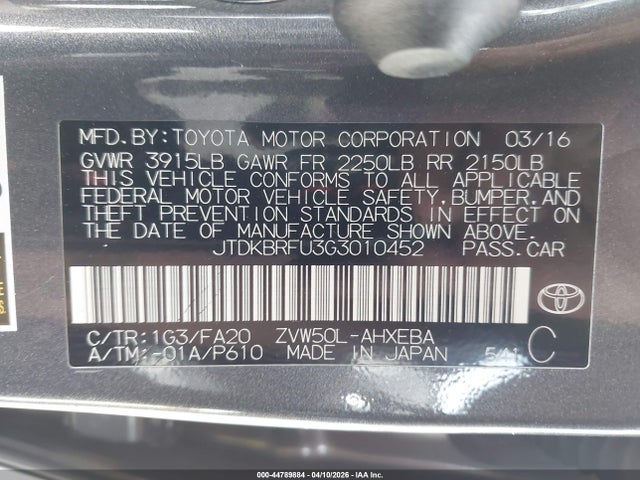 JTDKBRFU3G3010452 Toyota Prius Two