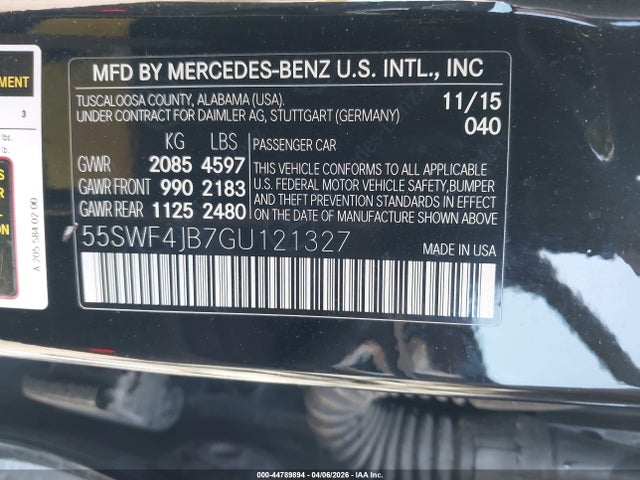 Aukcja sprzedaży 2016 Mercedes-benz C 300, vin: 55SWF4JB7GU121327, numer aukcji: 44789894