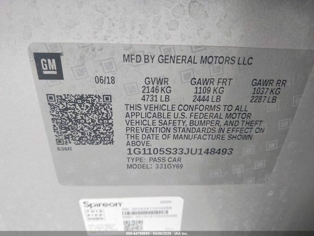 Aukcja sprzedaży 2018 Chevrolet Impala 1lt, vin: 1G1105S33JU148493, numer aukcji: 44789895