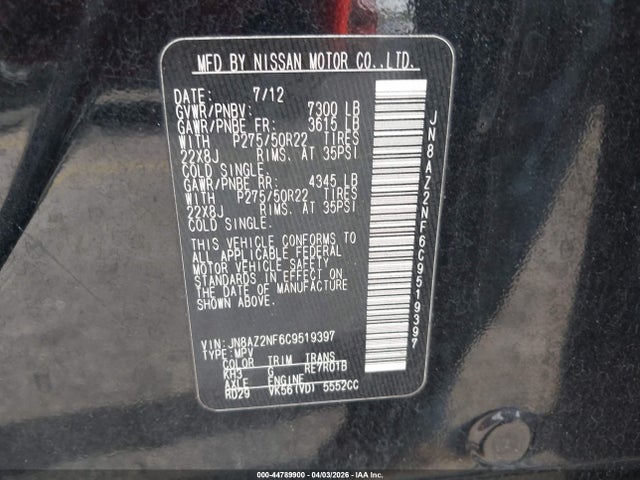 Aukcja sprzedaży 2012 Infiniti Qx56, vin: JN8AZ2NF6C9519397, numer aukcji: 44789900