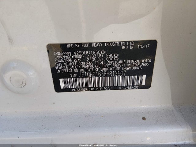 Aukcja sprzedaży 2008 Subaru Impreza 2.5i, vin: JF1GH61638H813607, numer aukcji: 44789903