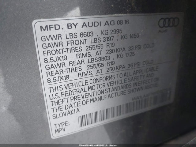 44789910 :رقم المزاد ، WA1LAAF76HD027349 vin ، 2017 Audi Q7 3.0t Premium مزاد بيع