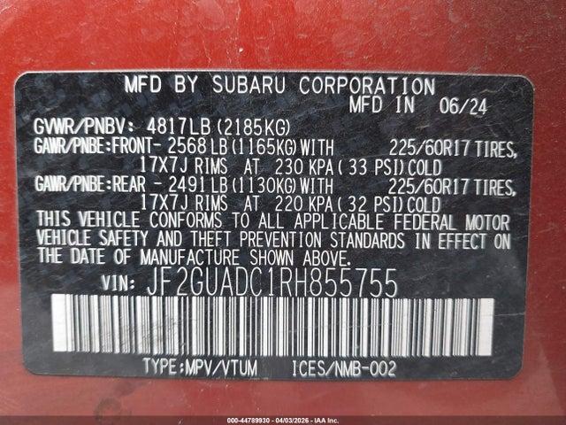 2024 Subaru Crosstrek Premium მანქანა იყიდება აუქციონზე, vin: JF2GUADC1RH855755, აუქციონის ნომერი: 44789930