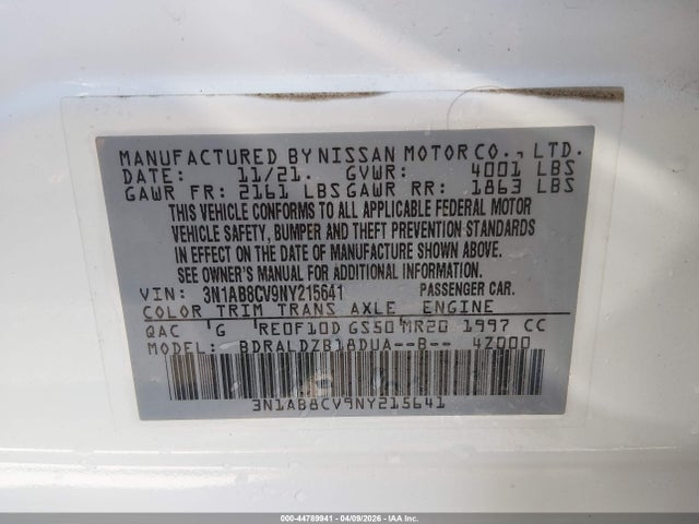 Продаж на аукціоні авто 2022 Nissan Sentra Sv Xtronic Cvt, vin: 3N1AB8CV9NY215641, номер лоту: 44789941