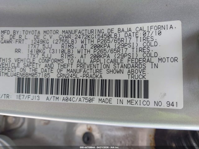 2011 Toyota Tacoma Base V6 მანქანა იყიდება აუქციონზე, vin: 3TMLU4EN6BM057185, აუქციონის ნომერი: 44789944