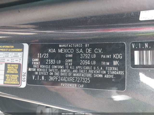 Aukcja sprzedaży 2024 Kia Forte Lxs, vin: 3KPF24ADXRE727325, numer aukcji: 44789951