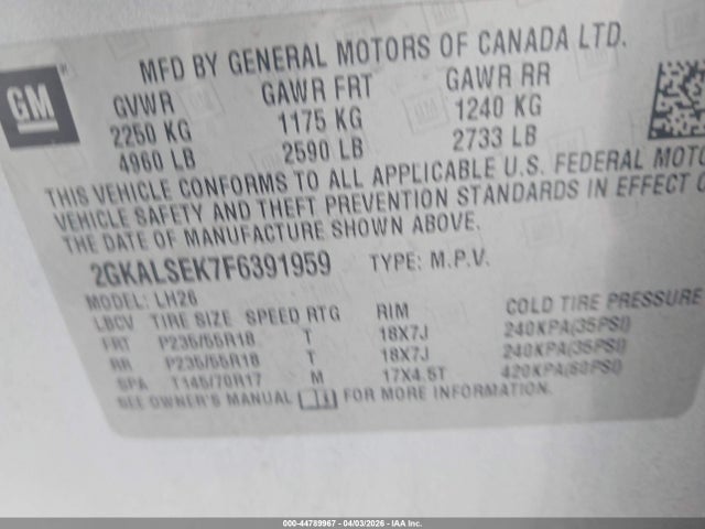 Продажа на аукционе авто 2015 Gmc Terrain Slt-1, vin: 2GKALSEK7F6391959, номер лота: 44789967