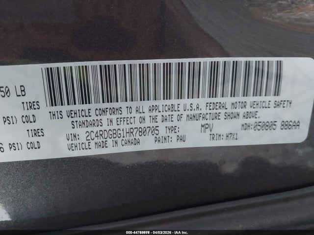 Aukcja sprzedaży 2017 Dodge Grand Caravan Se, vin: 2C4RDGBG1HR780705, numer aukcji: 44789976