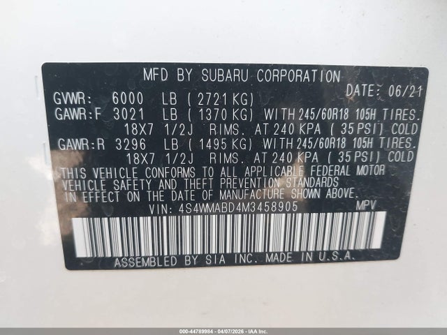 2021 Subaru Ascent Premium მანქანა იყიდება აუქციონზე, vin: 4S4WMABD4M3458905, აუქციონის ნომერი: 44789984